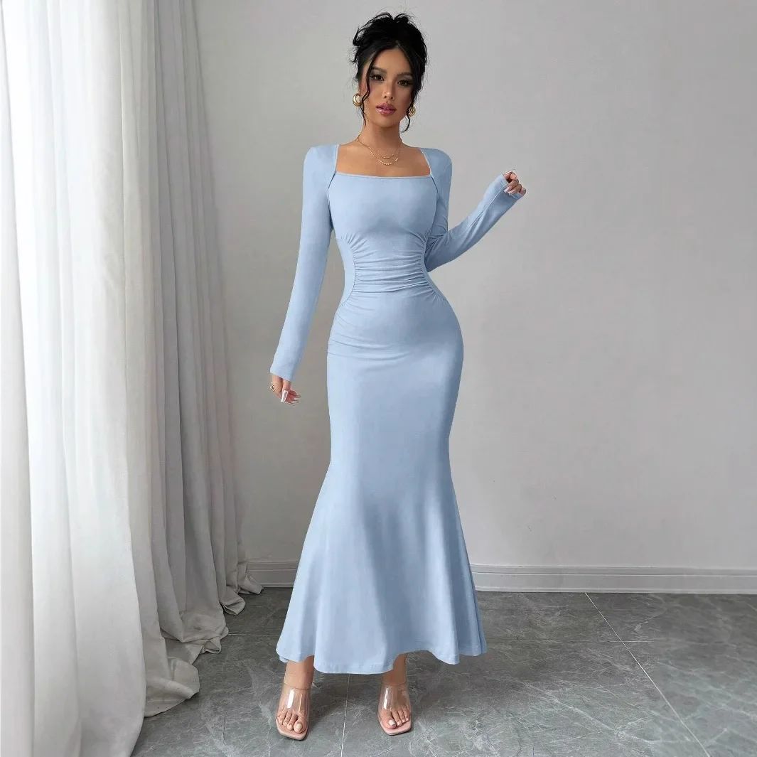 Elegant Long Sleeve Fish Tail Dress for Women - Slim Fit Sexy Ankle Gown, Quality Construction, Fashionable Square Neckline, Perfect for Special Occasions thumbnail 3