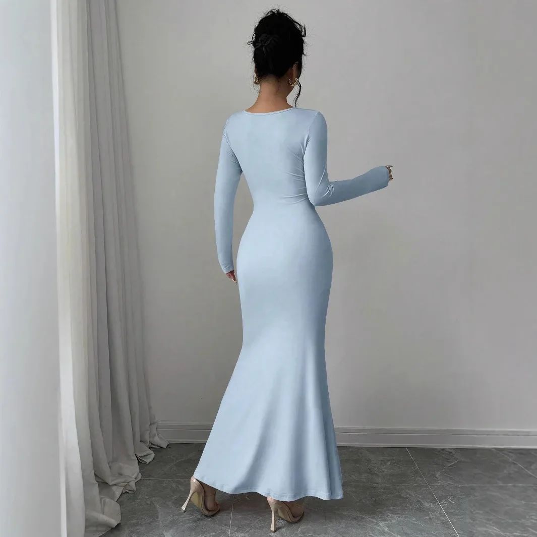Elegant Long Sleeve Fish Tail Dress for Women - Slim Fit Sexy Ankle Gown, Quality Construction, Fashionable Square Neckline, Perfect for Special Occasions thumbnail 2