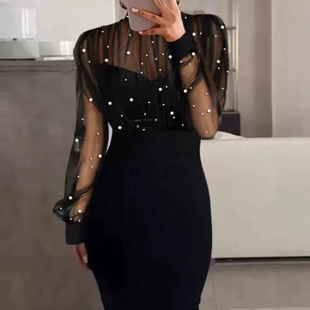 Women's Elegant Mesh Pearl Spliced Long Sleeve Slim Fit Wrap Hip Evening Dress - Sexy Y2k High Waist Sheath Vestidos for Parties & Special Occasions thumbnail 3