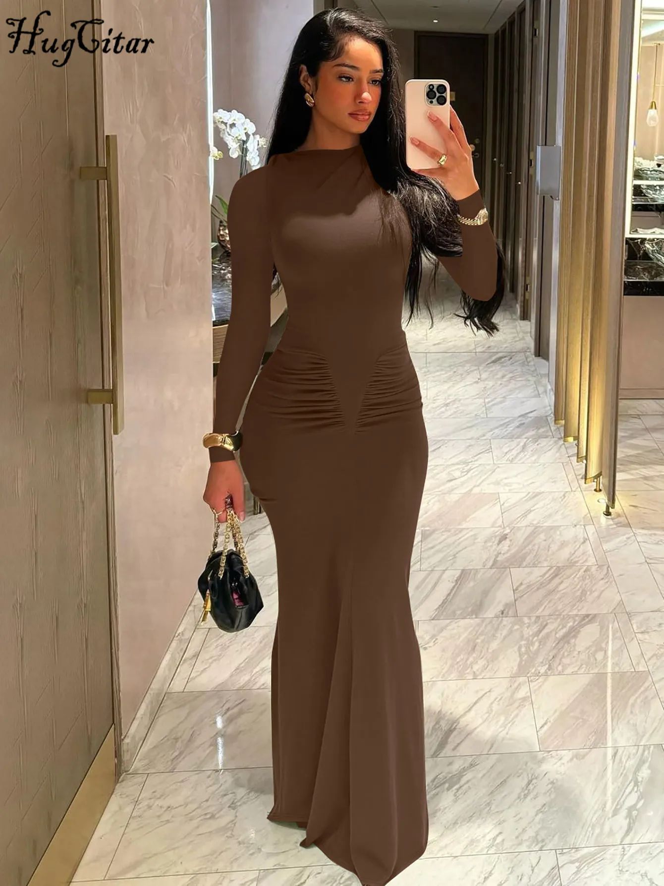 Hugcitar Women's Autumn Solid Long Sleeve Draped Bodycon Maxi Dress - Sexy Y2K Fashion for Evening Party, Festival, Club Outfits thumbnail 3