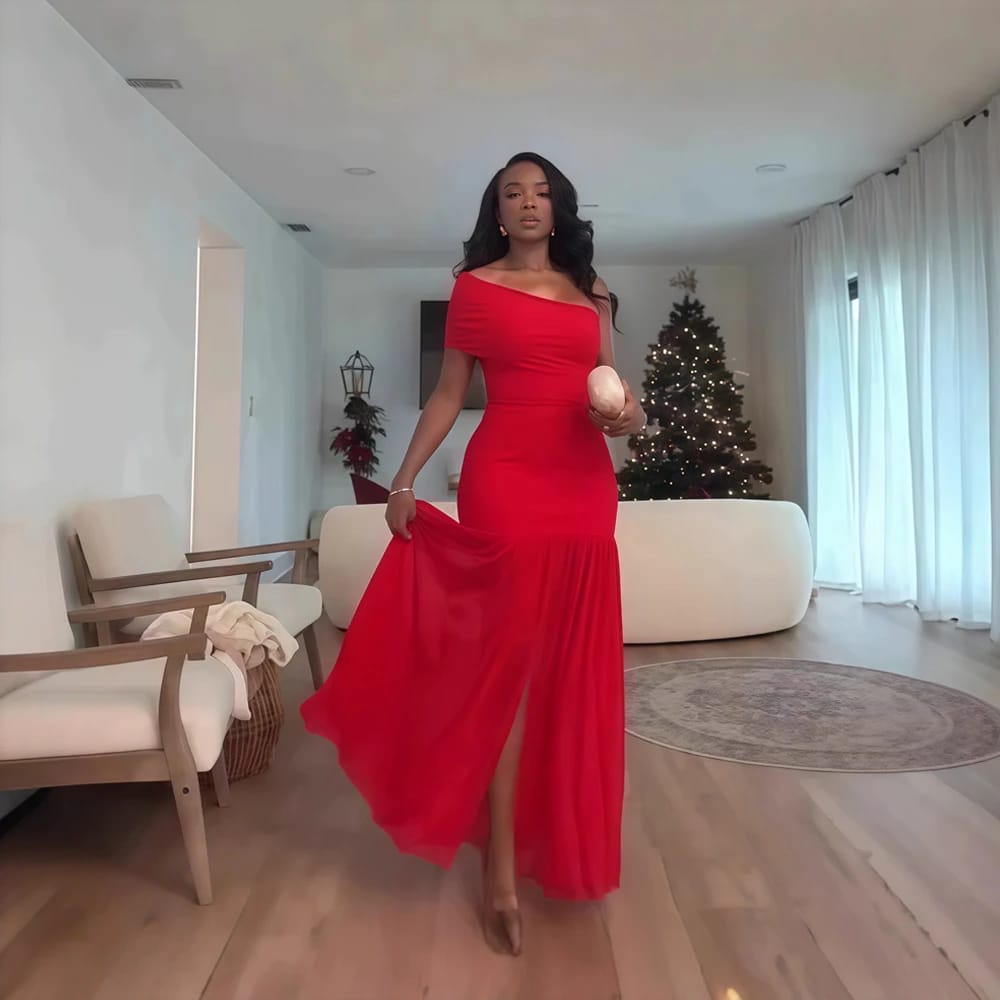 Elegant Women's Maxi Dress: Sexy Off-Shoulder One-Sleeve Mesh Slit Design for Parties, Holidays, and Club Nights thumbnail 2