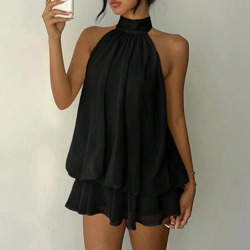 French Style Solid Color Halter Neck Mini Dress for Women - Sleeveless, Off-Shoulder, Backless A-Line Design for Beach Vacation & Parties thumbnail 4