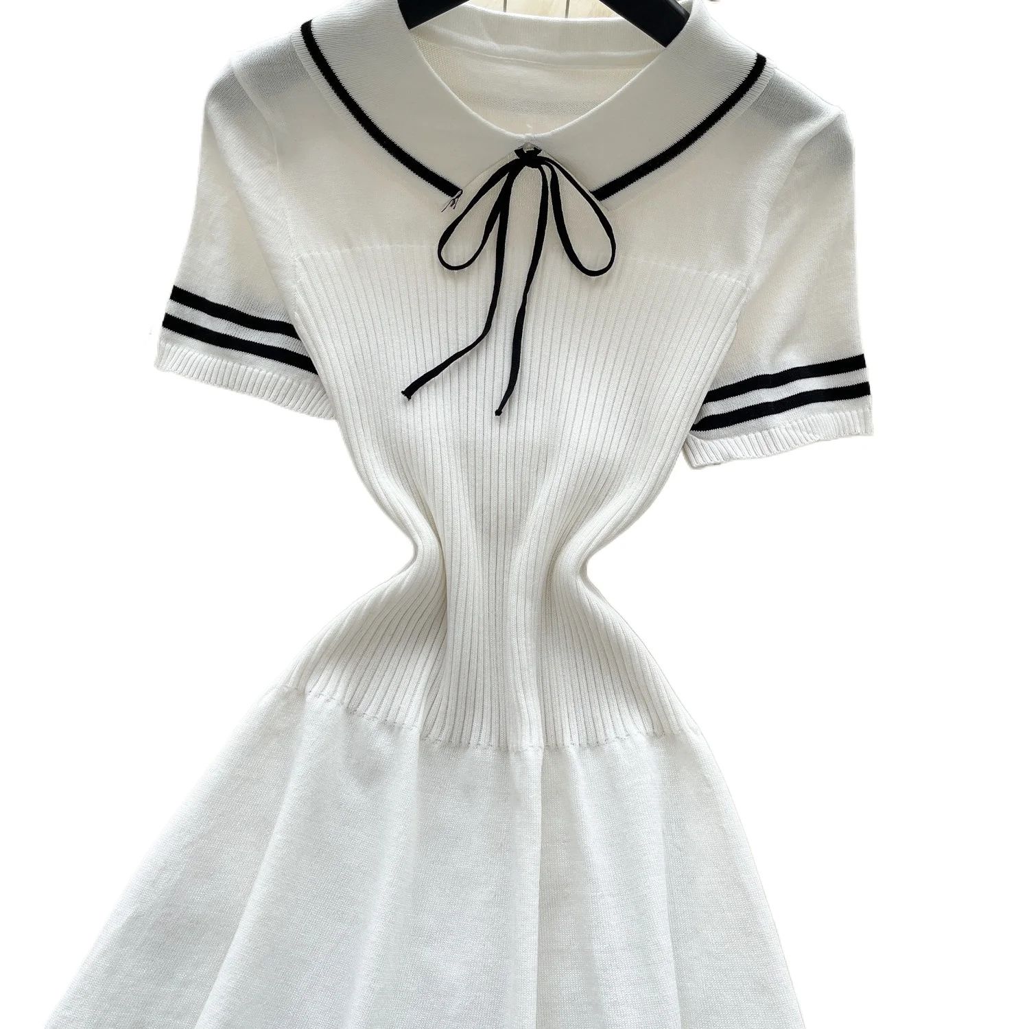 Women's White Short Sleeve Peter Pan Collar Bow Sundress - Striped Hem A-Line Mini Dress, Stretchy Ribbed Knit Casual Party Wear thumbnail 5