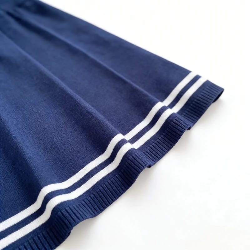 Women's White Short Sleeve Peter Pan Collar Bow Sundress - Striped Hem A-Line Mini Dress, Stretchy Ribbed Knit Casual Party Wear thumbnail 6