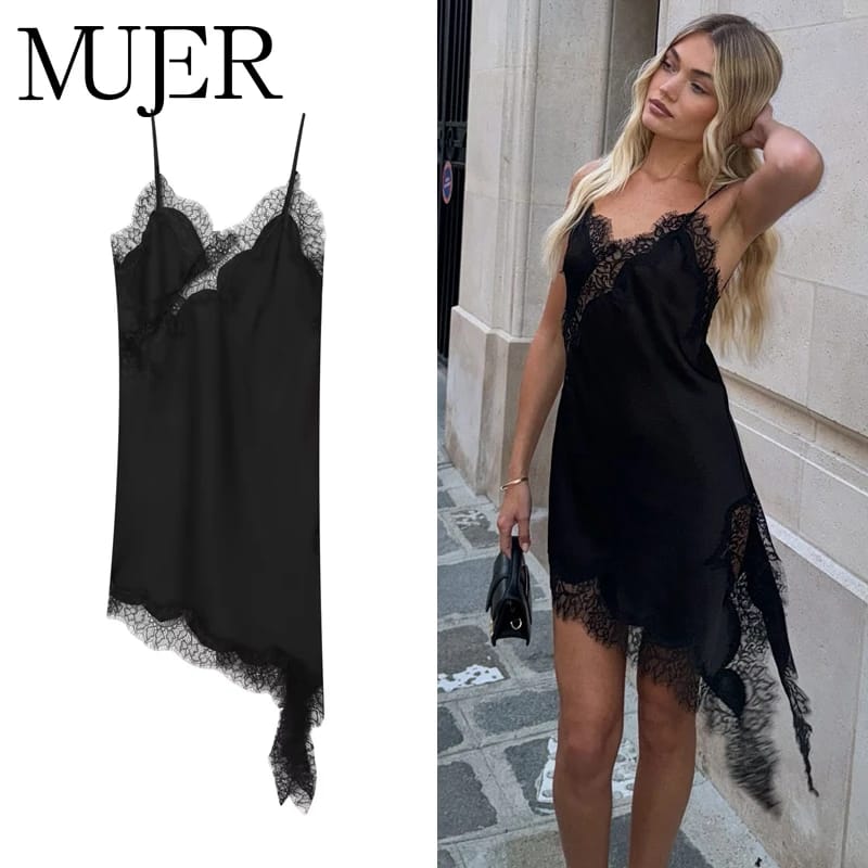 Women's Black Lace Slip Dress 2025 - Backless Asymmetric Party Dress, Satin Sexy Summer Mini Dress for Women thumbnail 1
