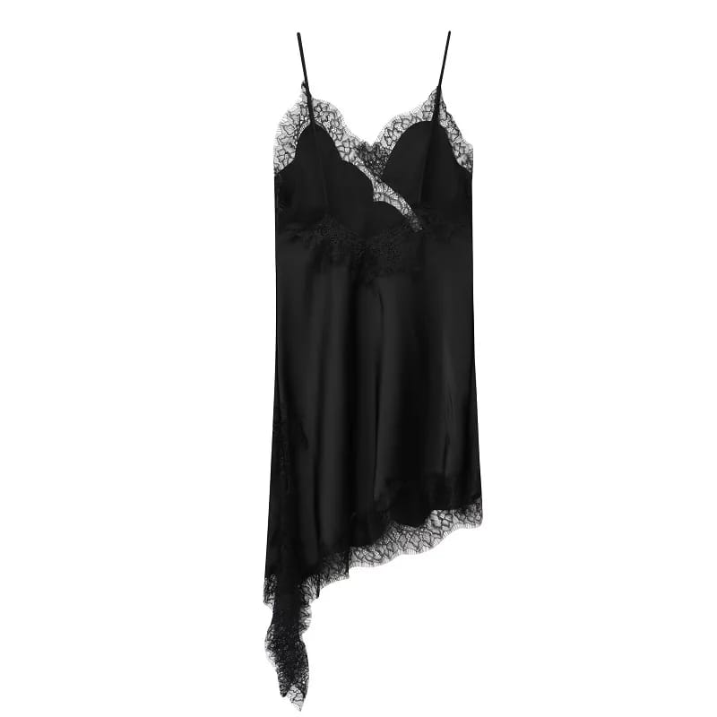 Women's Black Lace Slip Dress 2025 - Backless Asymmetric Party Dress, Satin Sexy Summer Mini Dress for Women thumbnail 4