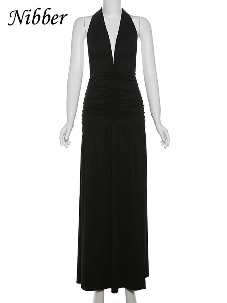 Nibber Elegant Women's Long Dress Solid Color Halter V-Neck Backless Shirring Side Split Vestidos Female High Street New Robe for Parties and Evening Events thumbnail 6