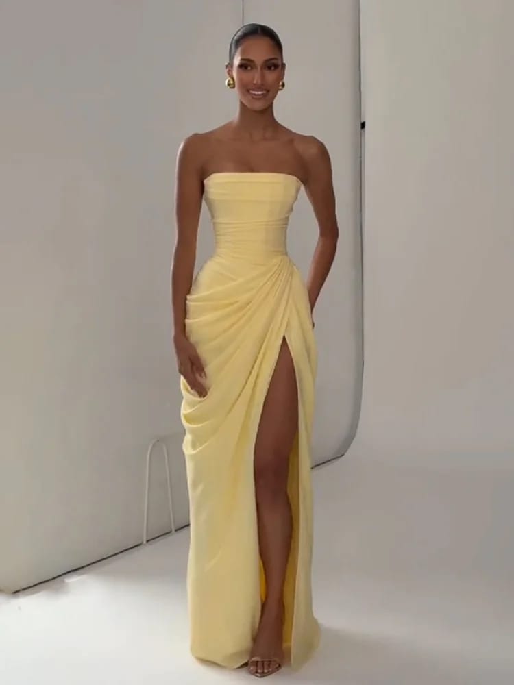 Women's Sexy Solid Pleated Strapless Off-Shoulder Backless High Waist Split Evening Party Gown Dress thumbnail 1