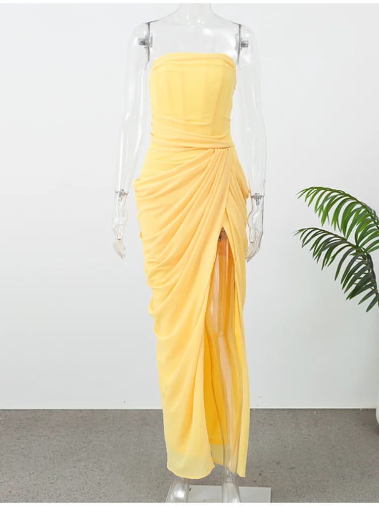 Women's Sexy Solid Pleated Strapless Off-Shoulder Backless High Waist Split Evening Party Gown Dress thumbnail 5