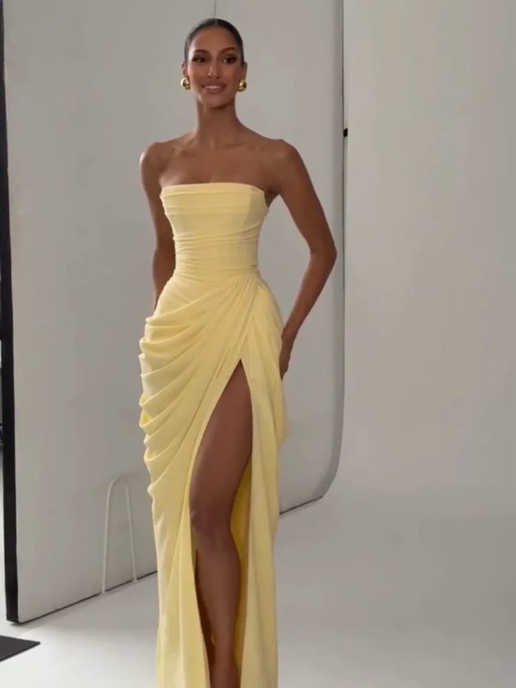 Women's Sexy Solid Pleated Strapless Off-Shoulder Backless High Waist Split Evening Party Gown Dress thumbnail 2