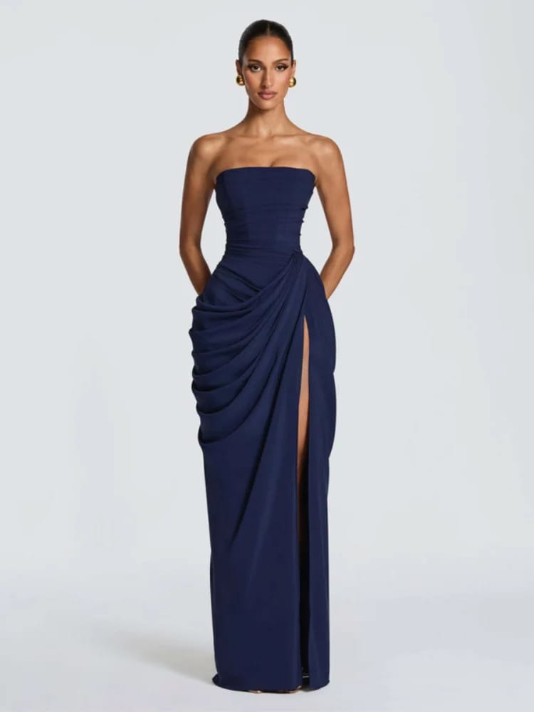 Women's Sexy Solid Pleated Strapless Off-Shoulder Backless High Waist Split Evening Party Gown Dress thumbnail 4