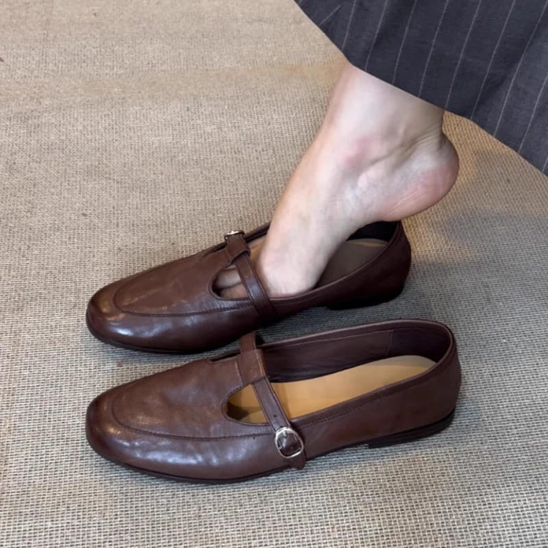 Women's Vintage Mary Jane Flats - 2025 Spring/Fall Square Toe Low Cut Loafers, Soft Leather, British Style Casual Shoes for Everyday Wear thumbnail 1