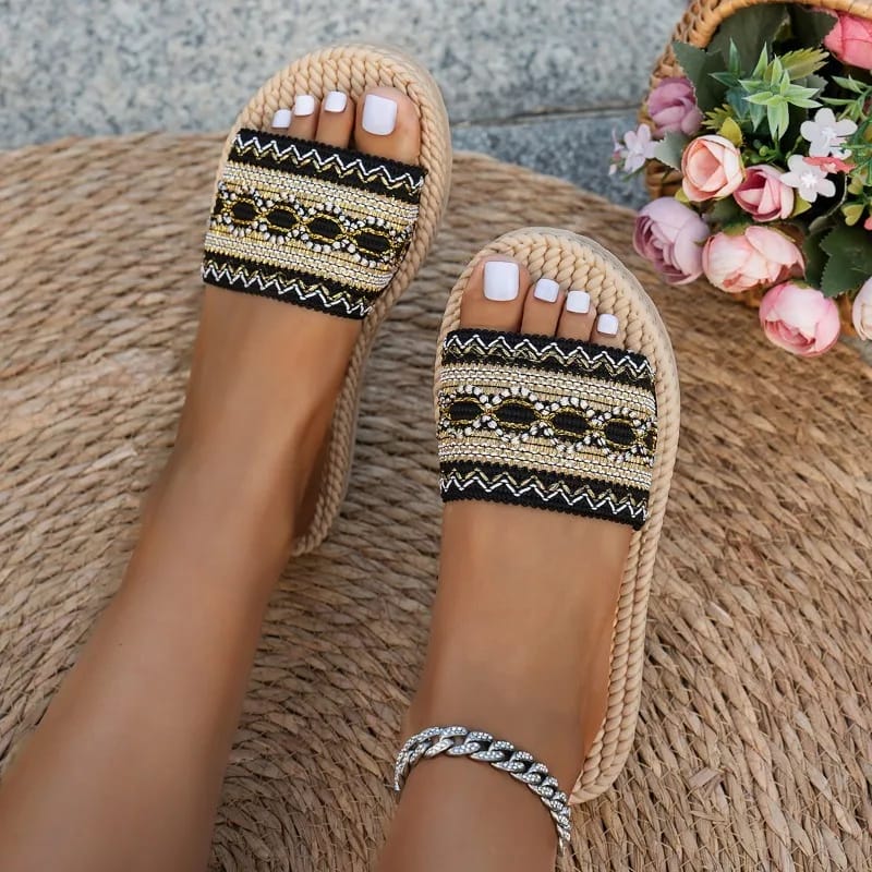 Bohemian Ethnic Style Women's Flat Sandals - Designer Tassel Beach Slippers Slides for Outdoor Casual Wear thumbnail 6