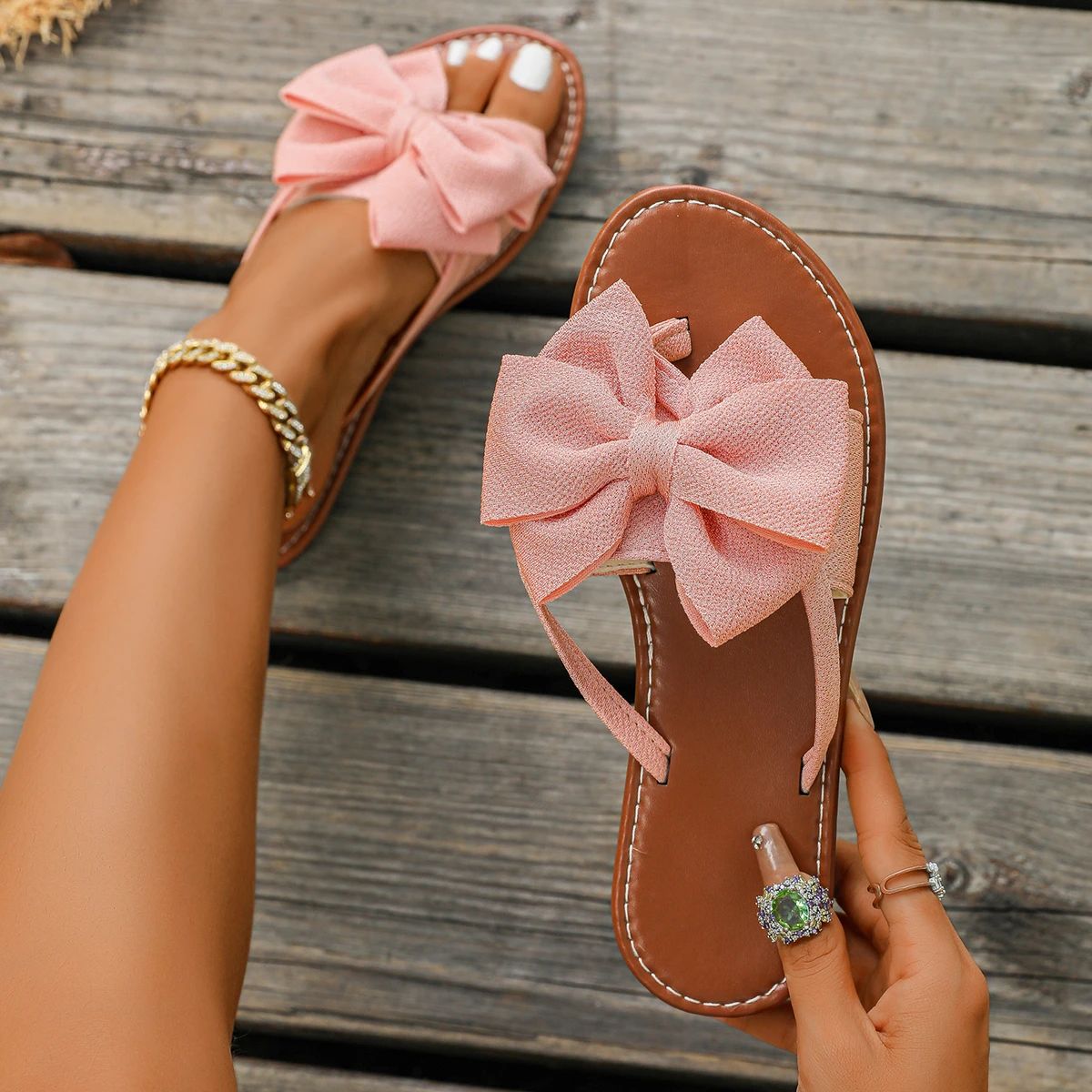 Women's Fashion Bow Flat Sandals - Sweet Style Summer Casual Non-Slip Beach Slides, Comfortable & Stylish for Everyday Wear thumbnail 6