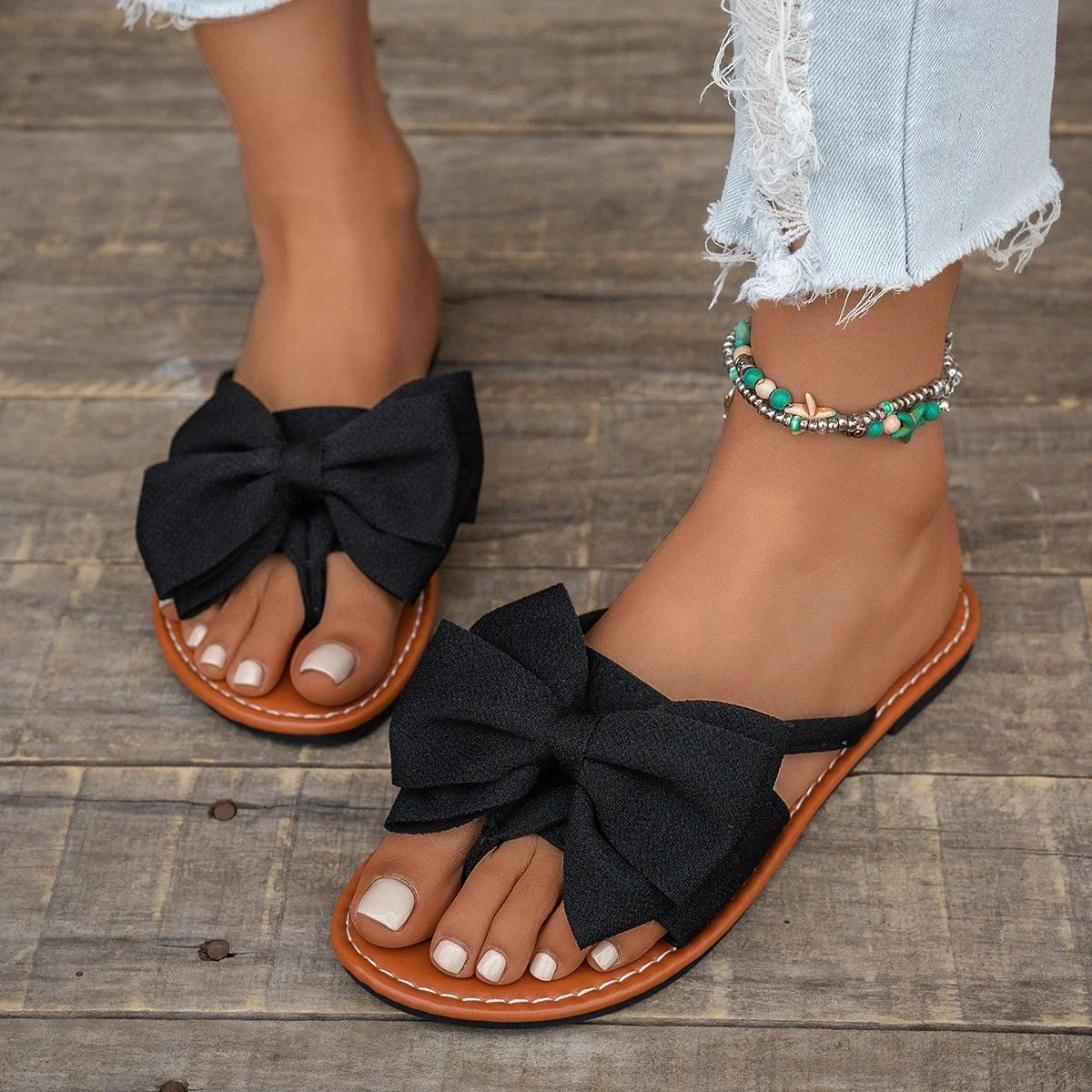 Women's Fashion Bow Flat Sandals - Sweet Style Summer Casual Non-Slip Beach Slides, Comfortable & Stylish for Everyday Wear thumbnail 2
