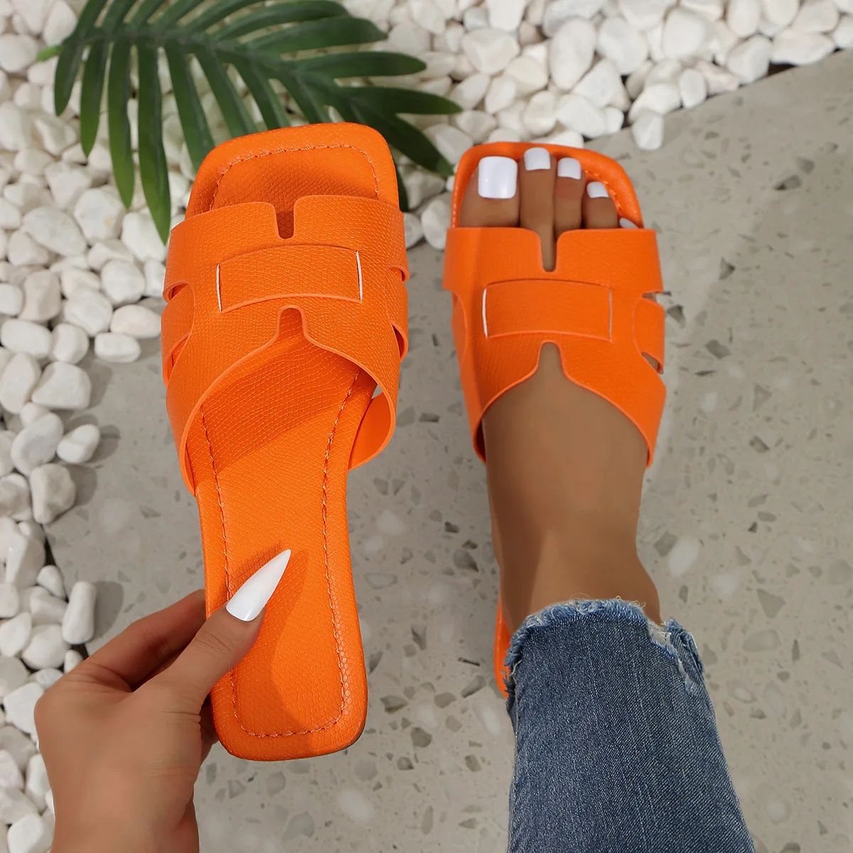 Women's Summer Fashion Flat Sandals - Comfortable Slip-On Square Toe Open-Toe Design, Stylish Everyday Wear Slippers for Women thumbnail 6