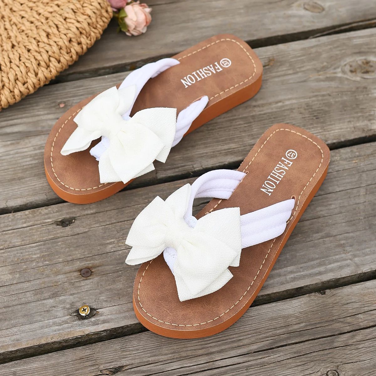 Summer Women's Fashion Bow Sandals Slides - Comfortable Flat Shoes for Casual Wear & Beach - Plus Size Available thumbnail 6