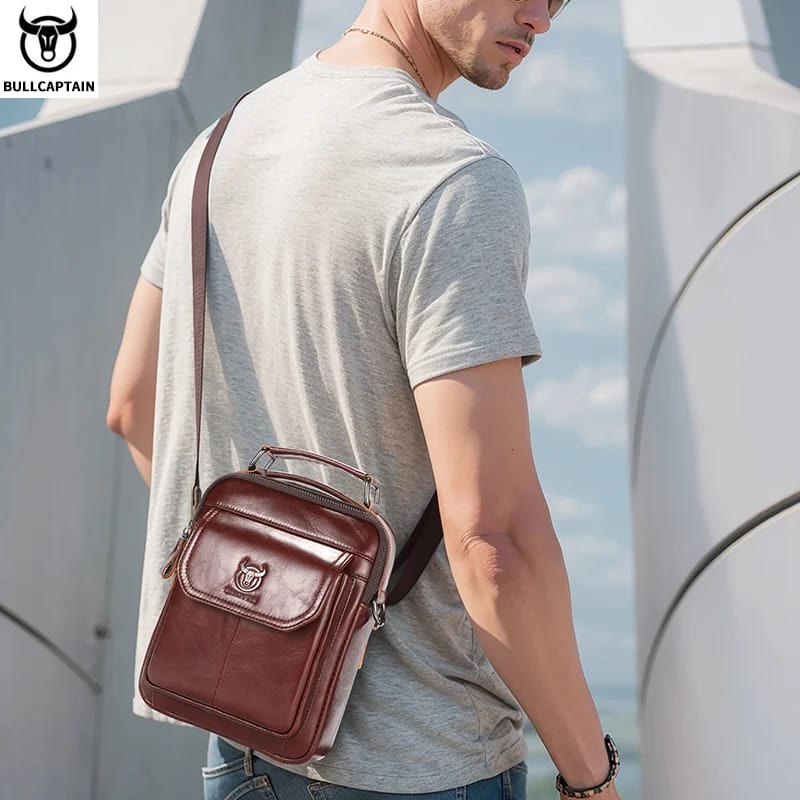 BULLCAPTAIN Men's Genuine Leather Shoulder Bag, Retro Casual Crossbody Messenger Bag, Multifunctional 7.9-inch Tablet Handbag, Durable Cowhide for Daily Use thumbnail 5