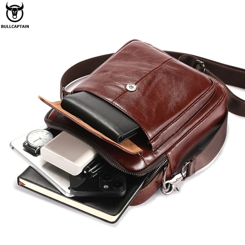 BULLCAPTAIN Men's Genuine Leather Shoulder Bag, Retro Casual Crossbody Messenger Bag, Multifunctional 7.9-inch Tablet Handbag, Durable Cowhide for Daily Use thumbnail 3