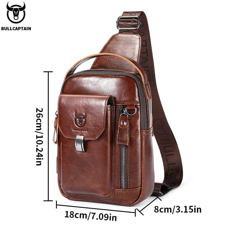 BULLCAPTAIN Men's Genuine Leather Chest Bag - Casual Retro Crossbody Sling Pack for 7.9" Phone, Anti-Theft Design, Ideal for Travel and Daily Use thumbnail 3