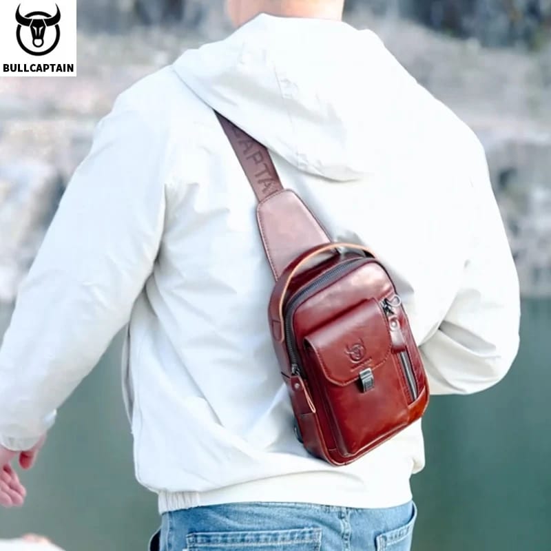 BULLCAPTAIN Men's Genuine Leather Chest Bag - Casual Retro Crossbody Sling Pack for 7.9" Phone, Anti-Theft Design, Ideal for Travel and Daily Use thumbnail 6