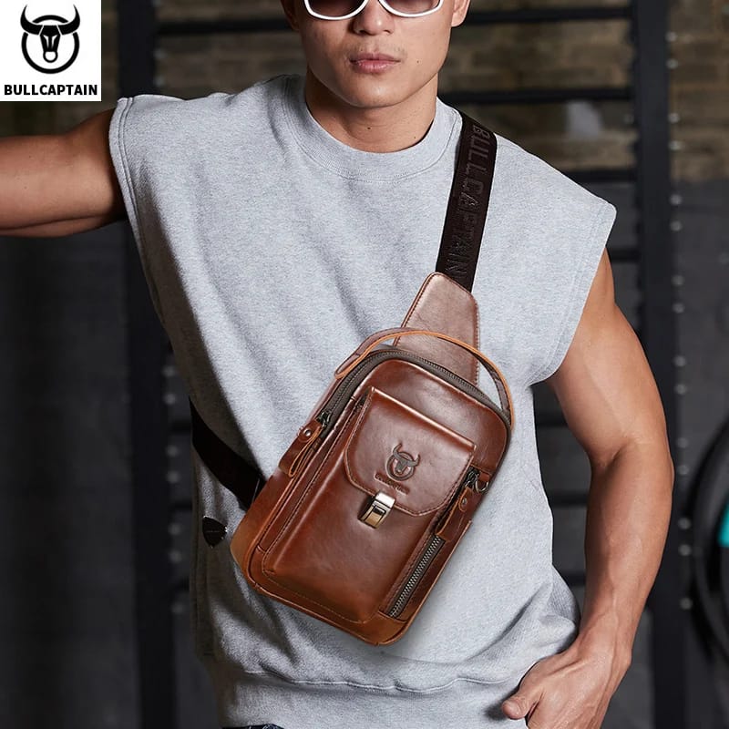 BULLCAPTAIN Men's Genuine Leather Chest Bag - Casual Retro Crossbody Sling Pack for 7.9" Phone, Anti-Theft Design, Ideal for Travel and Daily Use thumbnail 5