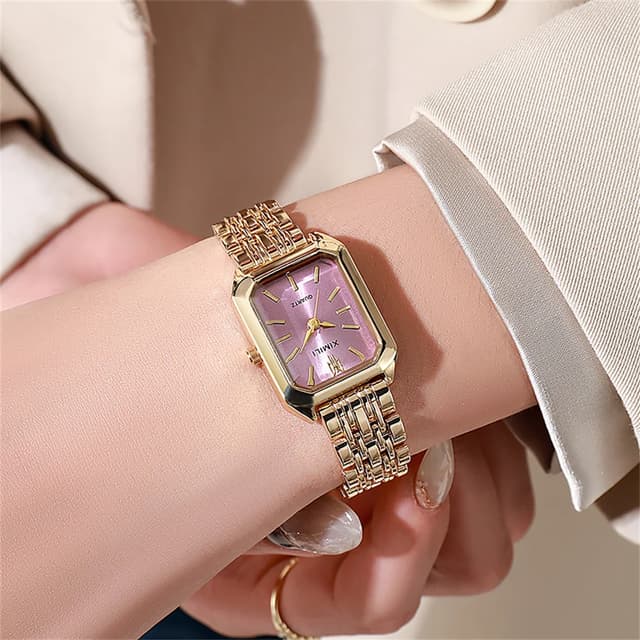 Luxury Gold Plated Stainless Steel Women's Fashion Quartz Watch - Elegant Square Dial Business Casual Style with Folding Clasp showcase 4