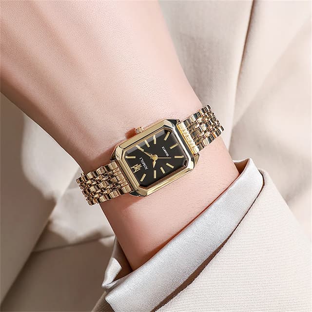 Luxury Gold Plated Stainless Steel Women's Fashion Quartz Watch - Elegant Square Dial Business Casual Style with Folding Clasp showcase 5