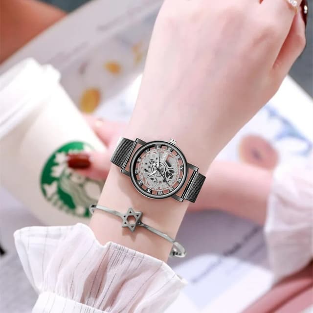 Fashionable Women's Skeleton Faux Mechanical Quartz Watch with Metal Mesh Strap - Elegant Rosy Gold Design for Casual & Sporty Looks showcase 6