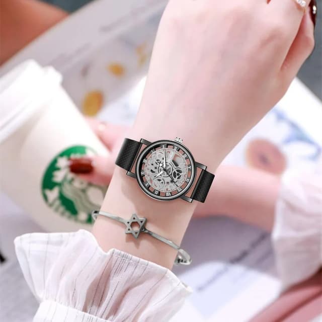 Fashionable Women's Skeleton Faux Mechanical Quartz Watch with Metal Mesh Strap - Elegant Rosy Gold Design for Casual & Sporty Looks showcase 22