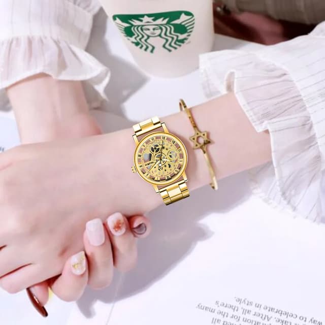 Fashionable Women's Skeleton Faux Mechanical Quartz Watch with Metal Mesh Strap - Elegant Rosy Gold Design for Casual & Sporty Looks showcase 13