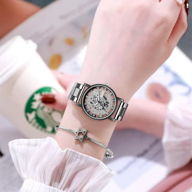 Fashionable Women's Skeleton Faux Mechanical Quartz Watch with Metal Mesh Strap - Elegant Rosy Gold Design for Casual & Sporty Looks showcase 15