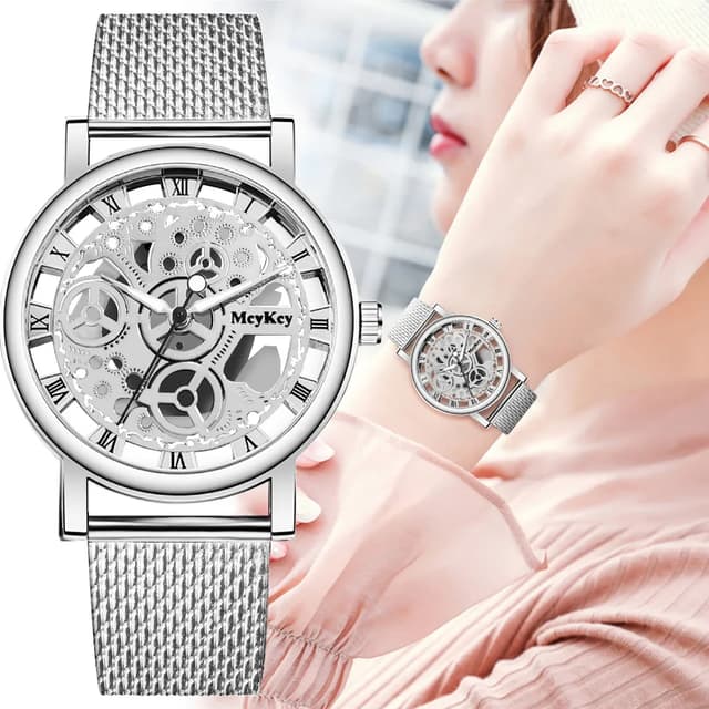 Fashionable Women's Skeleton Faux Mechanical Quartz Watch with Metal Mesh Strap - Elegant Rosy Gold Design for Casual & Sporty Looks showcase 25