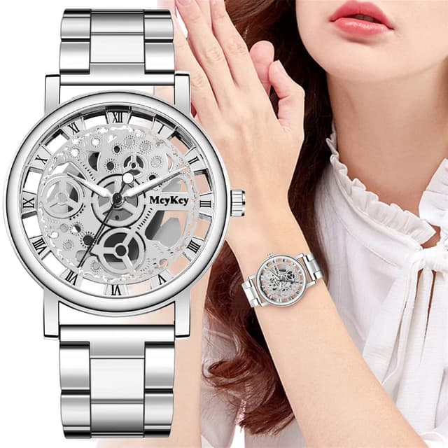 Fashionable Women's Skeleton Faux Mechanical Quartz Watch with Metal Mesh Strap - Elegant Rosy Gold Design for Casual & Sporty Looks showcase 16
