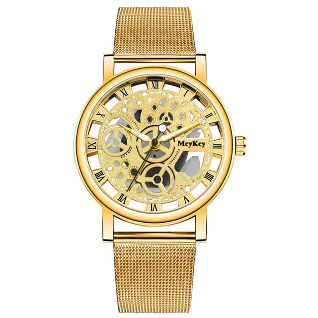 Fashionable Women's Skeleton Faux Mechanical Quartz Watch with Metal Mesh Strap - Elegant Rosy Gold Design for Casual & Sporty Looks showcase 9