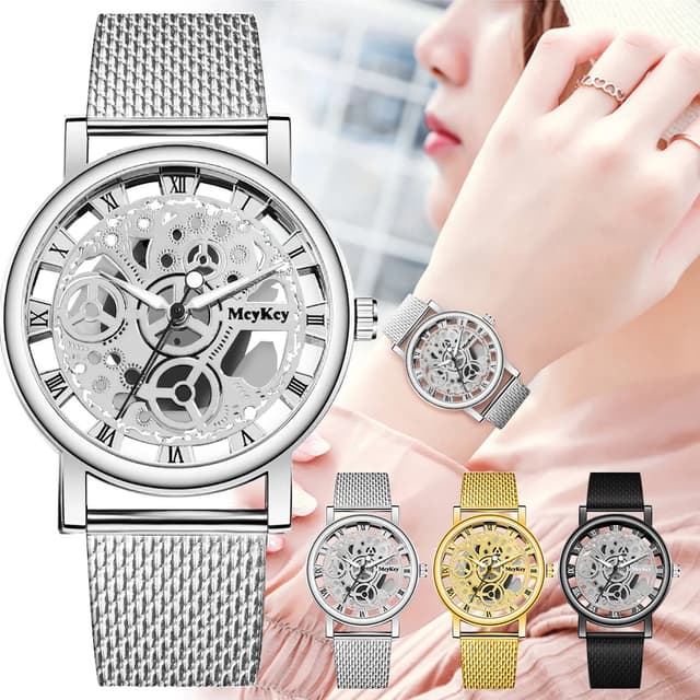 Fashionable Women's Skeleton Faux Mechanical Quartz Watch with Metal Mesh Strap - Elegant Rosy Gold Design for Casual & Sporty Looks showcase 20