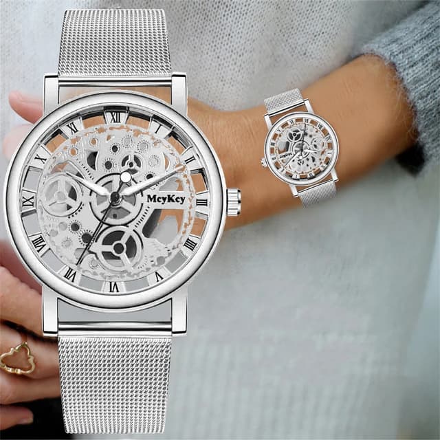 Fashionable Women's Skeleton Faux Mechanical Quartz Watch with Metal Mesh Strap - Elegant Rosy Gold Design for Casual & Sporty Looks showcase 7
