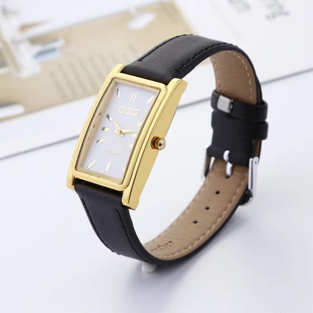 DQG Luxury Women's Rectangle Quartz Watch - Gold Dial Leather Strap Dress Watch for Business & Casual Wear showcase 8