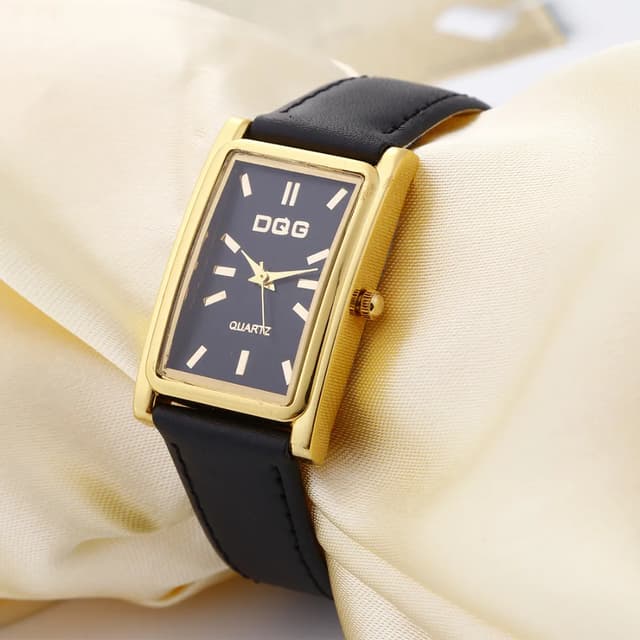 DQG Luxury Women's Rectangle Quartz Watch - Gold Dial Leather Strap Dress Watch for Business & Casual Wear showcase 2