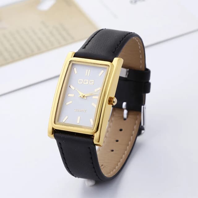 DQG Luxury Women's Rectangle Quartz Watch - Gold Dial Leather Strap Dress Watch for Business & Casual Wear showcase 7