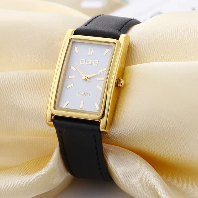 DQG Luxury Women's Rectangle Quartz Watch - Gold Dial Leather Strap Dress Watch for Business & Casual Wear showcase 6