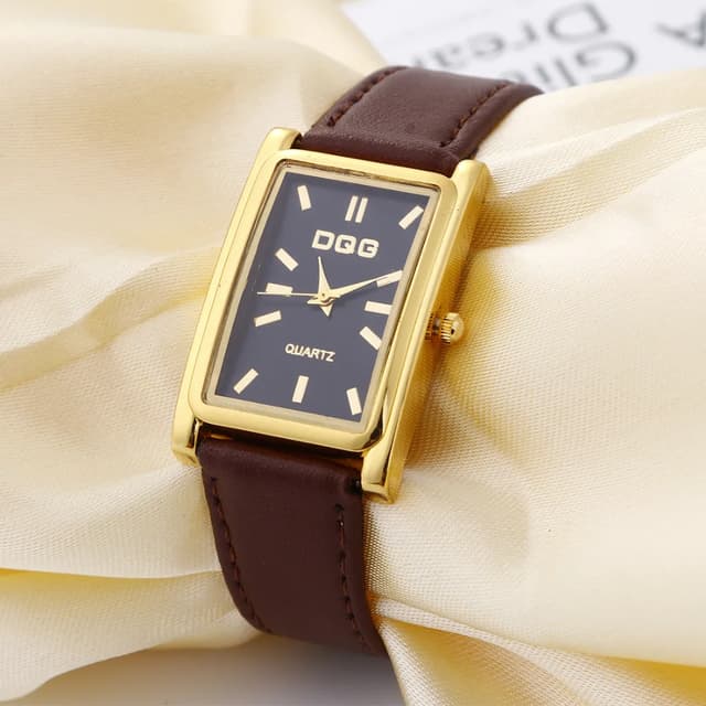 DQG Luxury Women's Rectangle Quartz Watch - Gold Dial Leather Strap Dress Watch for Business & Casual Wear showcase 1