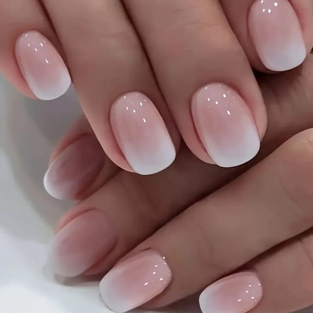 24Pcs Pink White Gradient French Press-On False Nails - Short Square Full Cover ABS Nail Tips with Jelly Glue for Easy Application showcase 2