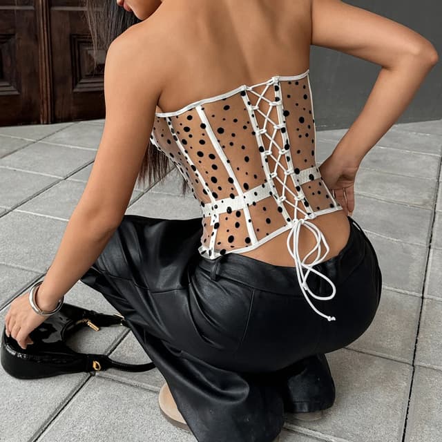 Sexy Y2K Polka Dot Sheer Bustier Crop Top - Lace-Up Corset Boned Waist Sleeveless Summer Clubbing Fashion (Black/White/Pink) showcase 7