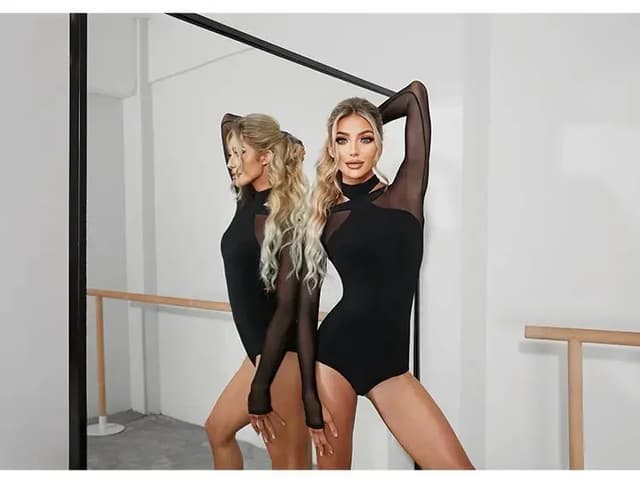 Women's Black Mesh Latin Dance Leotard Top with Conjoined Jumpsuit Design, Backless Style for Cha-cha, Samba, Rumba Training and Performance showcase 7