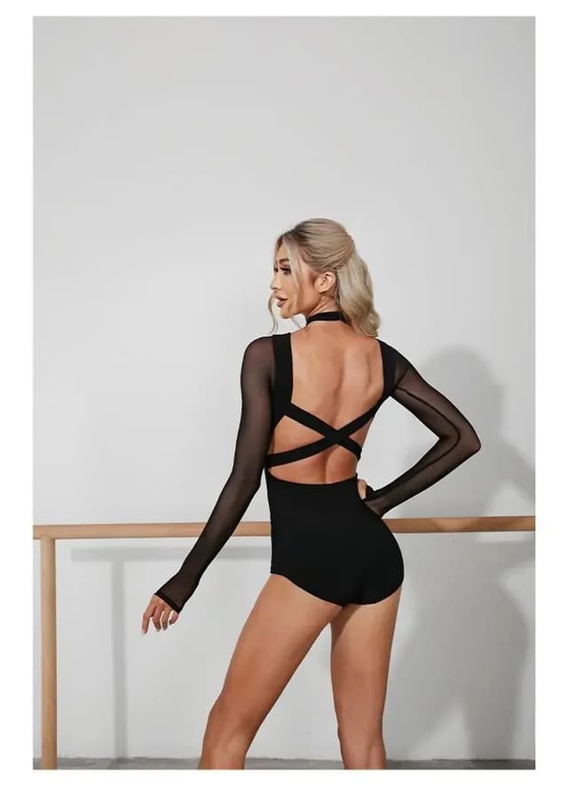 Women's Black Mesh Latin Dance Leotard Top with Conjoined Jumpsuit Design, Backless Style for Cha-cha, Samba, Rumba Training and Performance showcase 15
