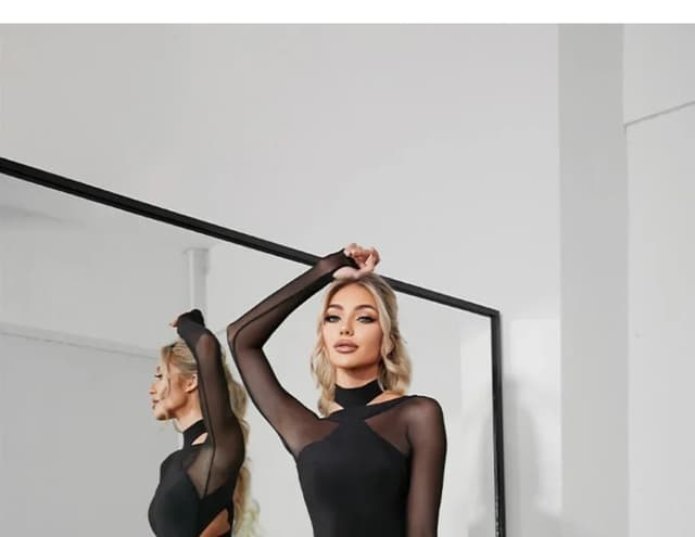 Women's Black Mesh Latin Dance Leotard Top with Conjoined Jumpsuit Design, Backless Style for Cha-cha, Samba, Rumba Training and Performance showcase 13