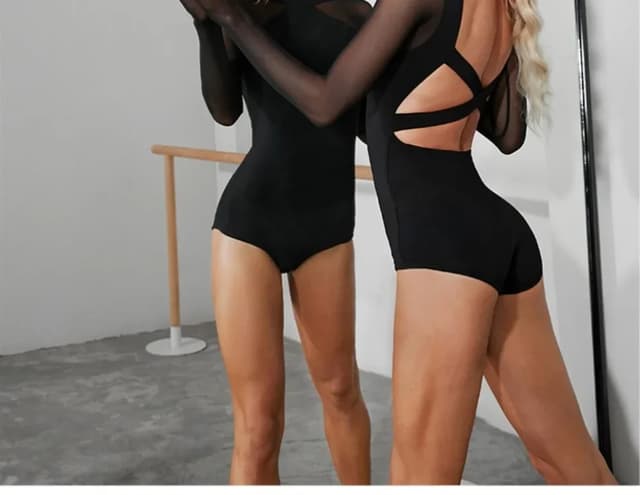 Women's Black Mesh Latin Dance Leotard Top with Conjoined Jumpsuit Design, Backless Style for Cha-cha, Samba, Rumba Training and Performance showcase 9