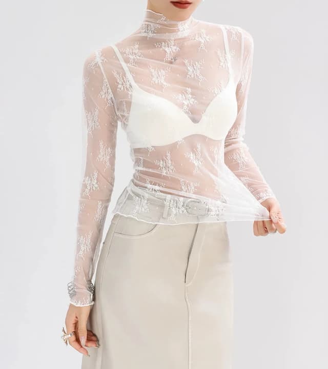 Sexy Women's Sheer Mesh Long Sleeve Crop Top with Lace Detail - See-Through O-Neck Blouse for Fashionable Outings showcase 3