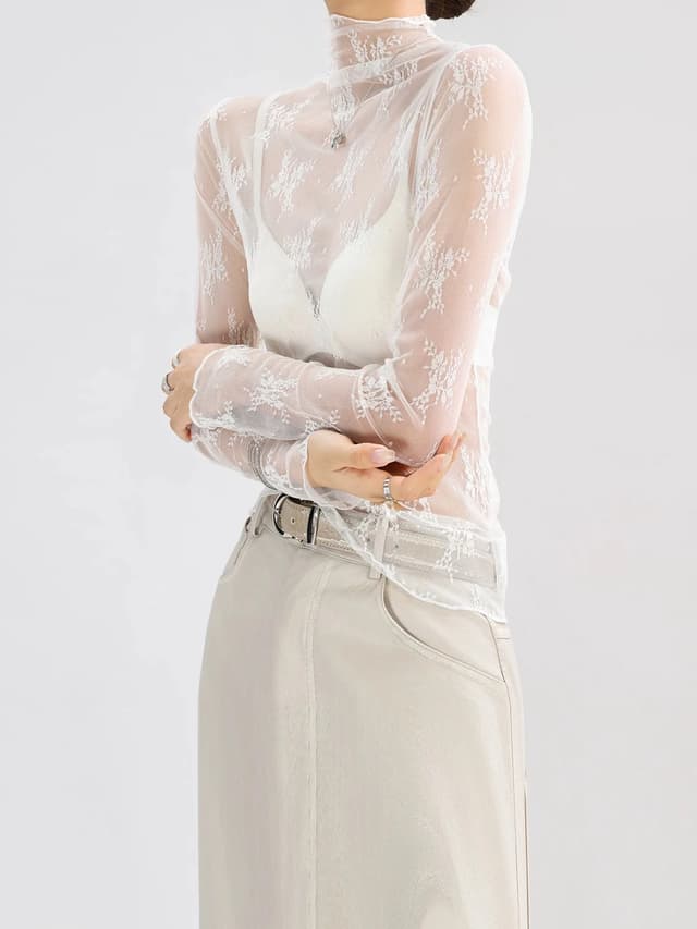 Sexy Women's Sheer Mesh Long Sleeve Crop Top with Lace Detail - See-Through O-Neck Blouse for Fashionable Outings showcase 4